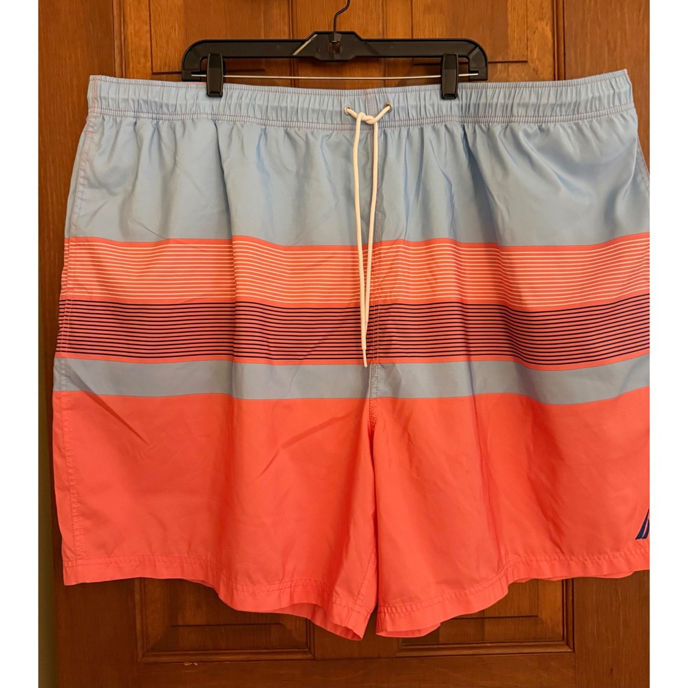 Nautica Swim‎ Trunks Mens 6XL Striped Coral/Blue Mesh-Lined Board Shorts